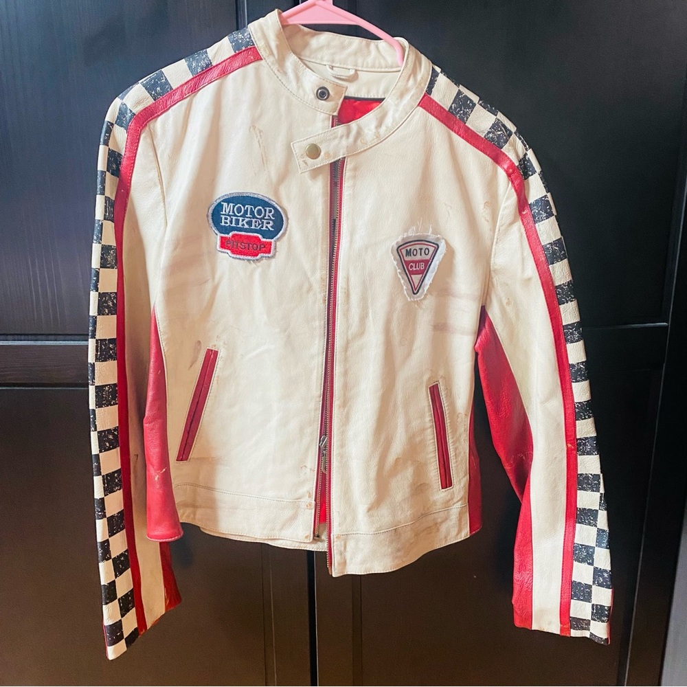 Distressed Biker Jacket with Checkered Stripes-worn twice and dry cleaned